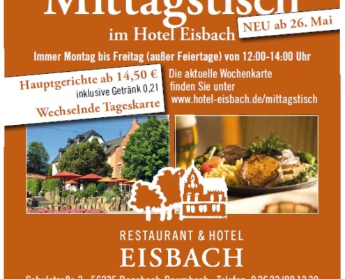 Orangefarbene Anzeige für das Restaurant & Hotel Eisbach mit Angaben zum Mittagessen, Preisen, Kontaktinformationen und einem Gebäudefoto in einem runden Rahmen.
