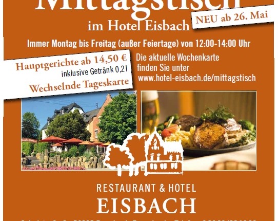 Orangefarbene Anzeige für das Restaurant & Hotel Eisbach mit Angaben zum Mittagessen, Preisen, Kontaktinformationen und einem Gebäudefoto in einem runden Rahmen.