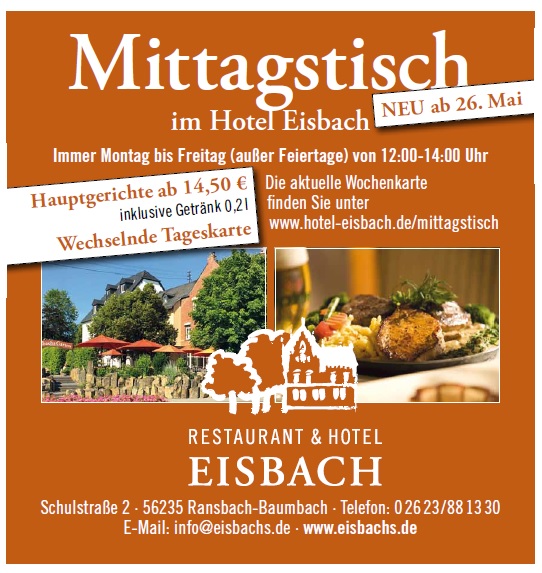 2026_Mittagstisch Orangefarbene Anzeige für das Restaurant & Hotel Eisbach mit Angaben zum Mittagessen, Preisen, Kontaktinformationen und einem Gebäudefoto in einem runden Rahmen.