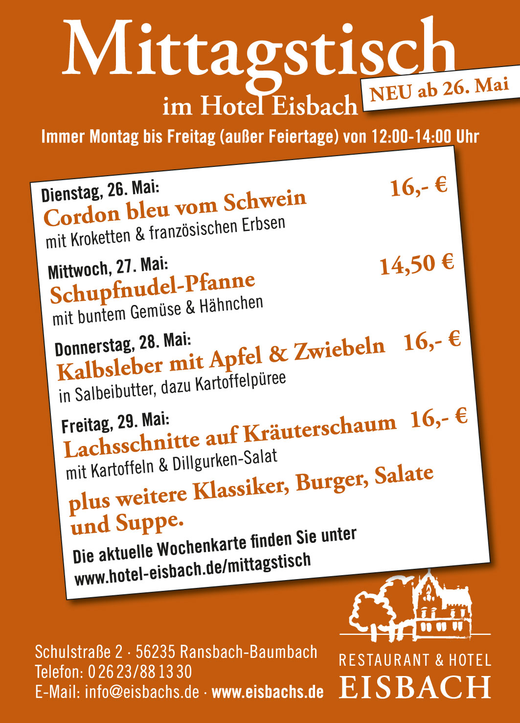 Speisekartenplakat für die Mittagsangebote des Hotels Eisbach vom 26. bis 29. Mai mit Tagesgerichten und Preisen, serviert von 12-14 Uhr, orange-weißes Design.